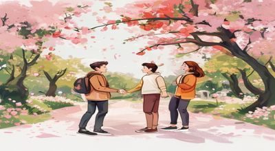 两个男女青年在户外活动中相遇，背景是桃花盛开的公园，代表桃花族论坛线下活动促成的缘分